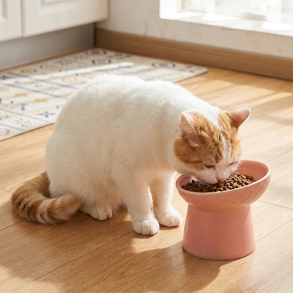 Ergonomic tilted ceramic cat bowl for healthy feeding & improved digestion. Ideal for all cats.