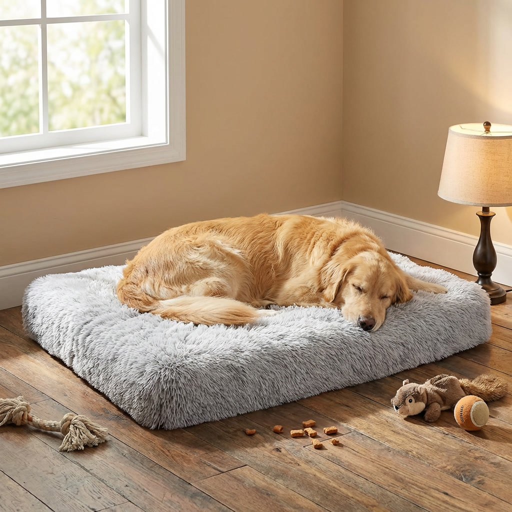 Calming memory foam dog mattress for anxiety relief. Orthopedic pet bed with washable cover for all dog sizes.