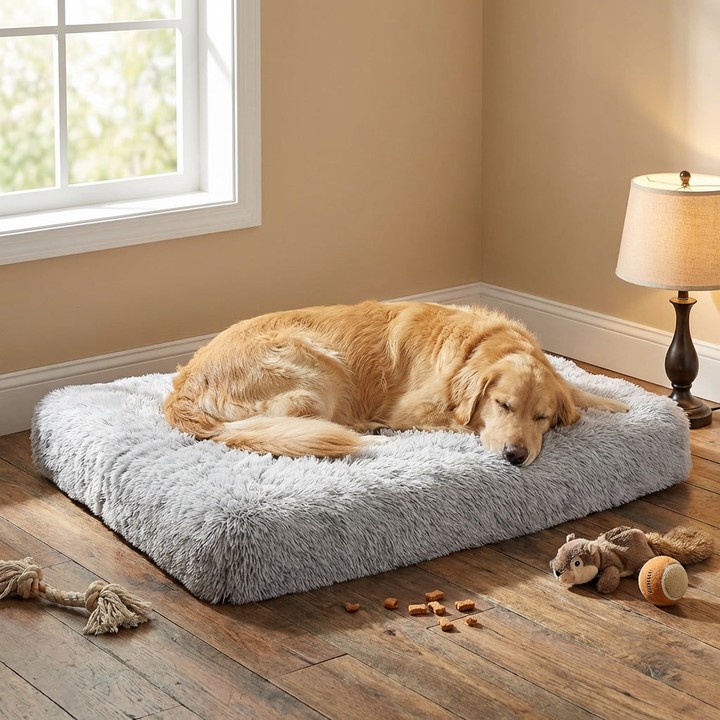 Calming memory foam dog mattress for anxiety relief. Orthopedic pet bed with washable cover for all dog sizes.