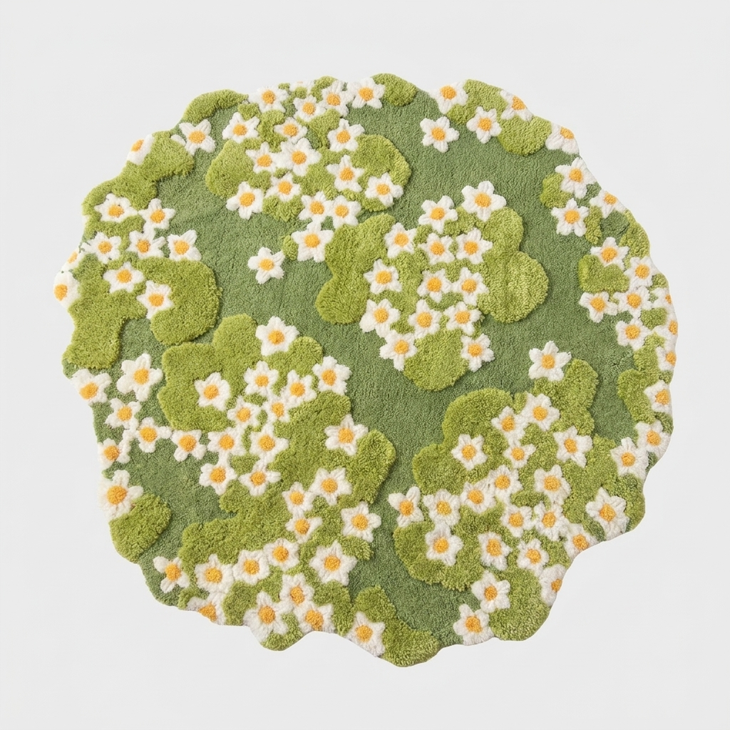 Cute daisy flower pet rug, a charming nature-inspired round floor mat for home decor. Perfect for spring & comfort.