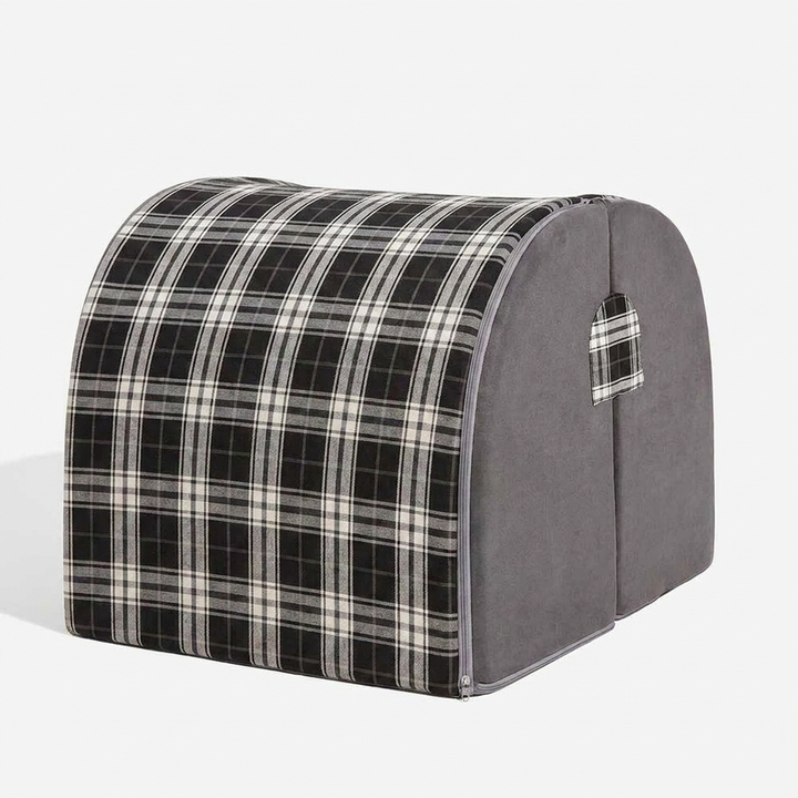 Front view: Plaid dog house bed featuring orthopedic support for ultimate pet comfort. Washable and cozy.
