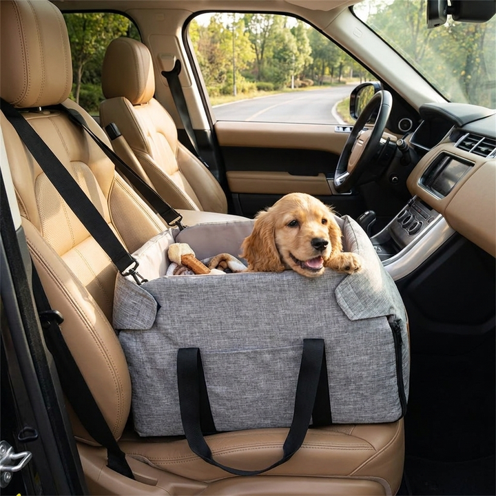 Gray non-slip pet car seat bed for dogs & cats. Detachable, Oxford fabric, ensures pet safety & comfort during car travel.