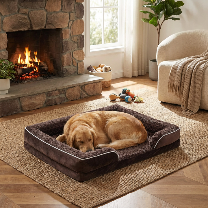 Orthopaedic dog bed for joint comfort. Detachable, washable, water-repellent cover. Ideal for senior dogs.
