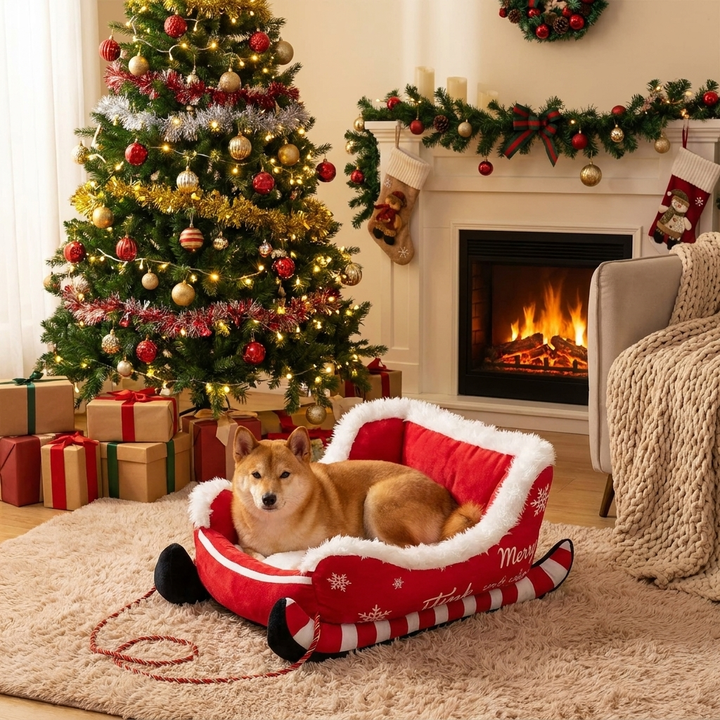Plush festive dog sleigh bed for cozy holiday comfort. Soft Christmas pet bed, ideal for small, medium, or large dogs.