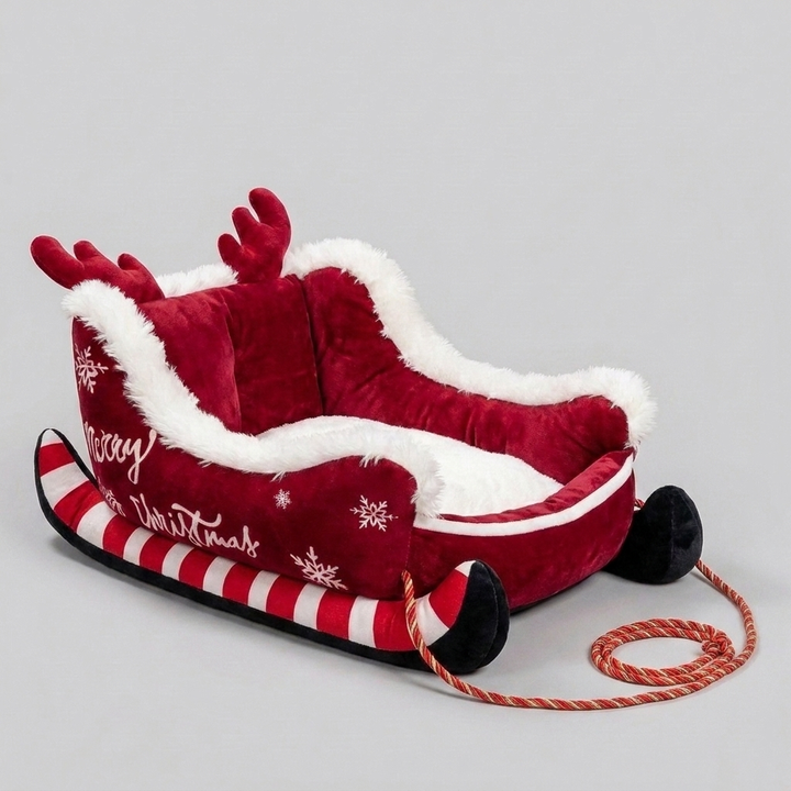 Cozy holiday plush dog bed. Soft, warm pet bed for festive comfort, perfect pet furniture for any dog size.