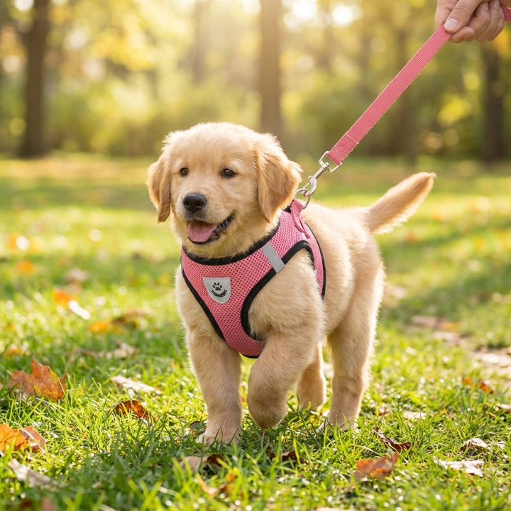 Small dog breathable mesh harness & leash set for comfortable walks.
