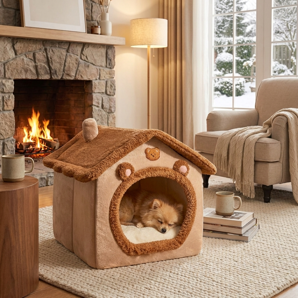 Cute brown bear enclosed pet cave bed for cats & small dogs, featuring a cozy washable cushion.