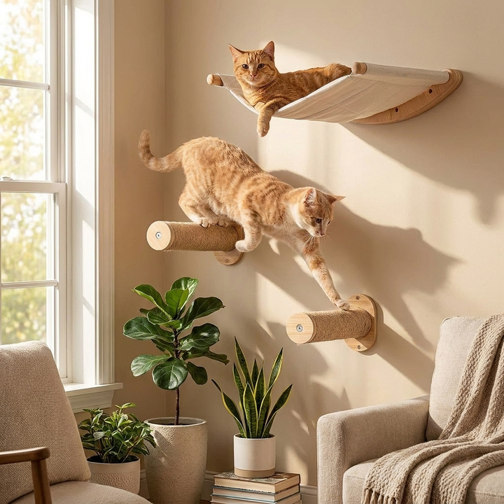 Cat wall furniture kit: cozy hammock, multiple shelves, and durable jute climbing steps for active felines.