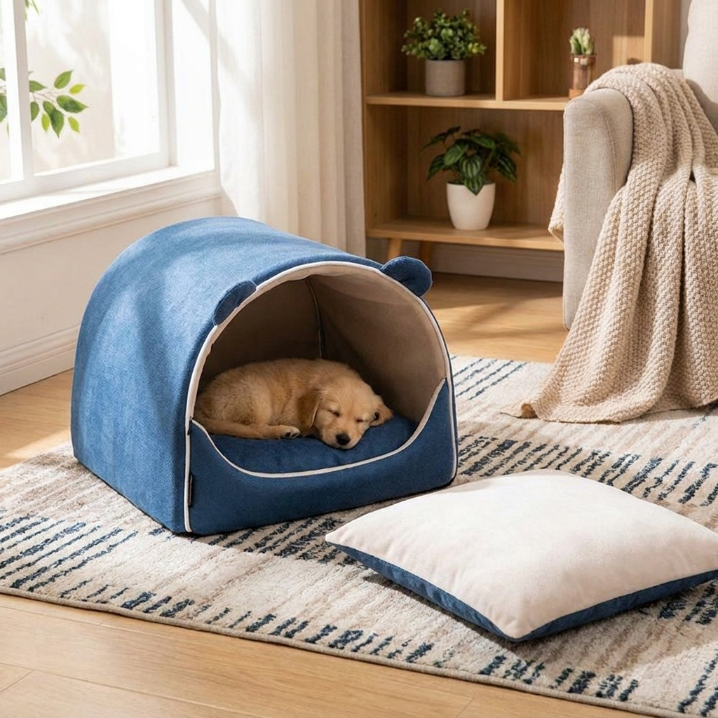 Cute bear ears 2-in-1 pet house and bed for dogs & cats. Cozy, plush, and washable, perfect for small pets.