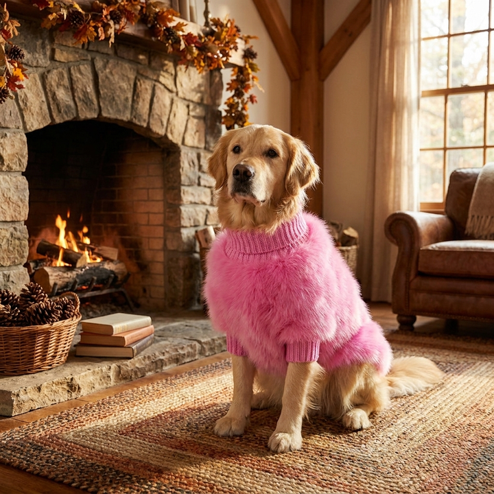 Pink fluffy turtleneck knit dog sweater for small dogs. Cozy winter pet apparel, warm and stylish dog clothes.