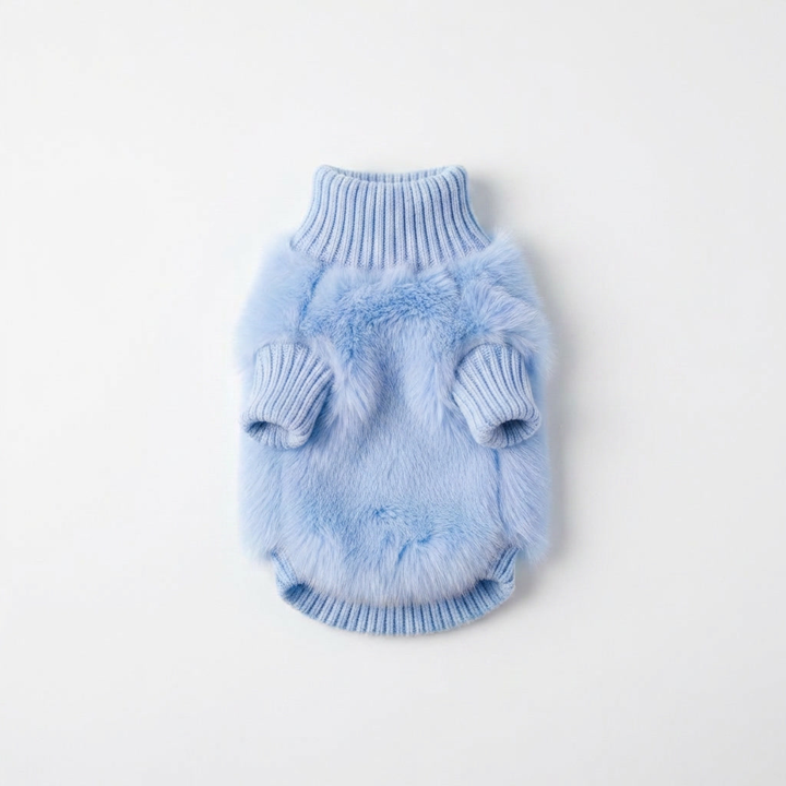 Soft fluffy turtleneck knit dog sweater. Stylish pet apparel for warmth in winter; great for small & large dogs.