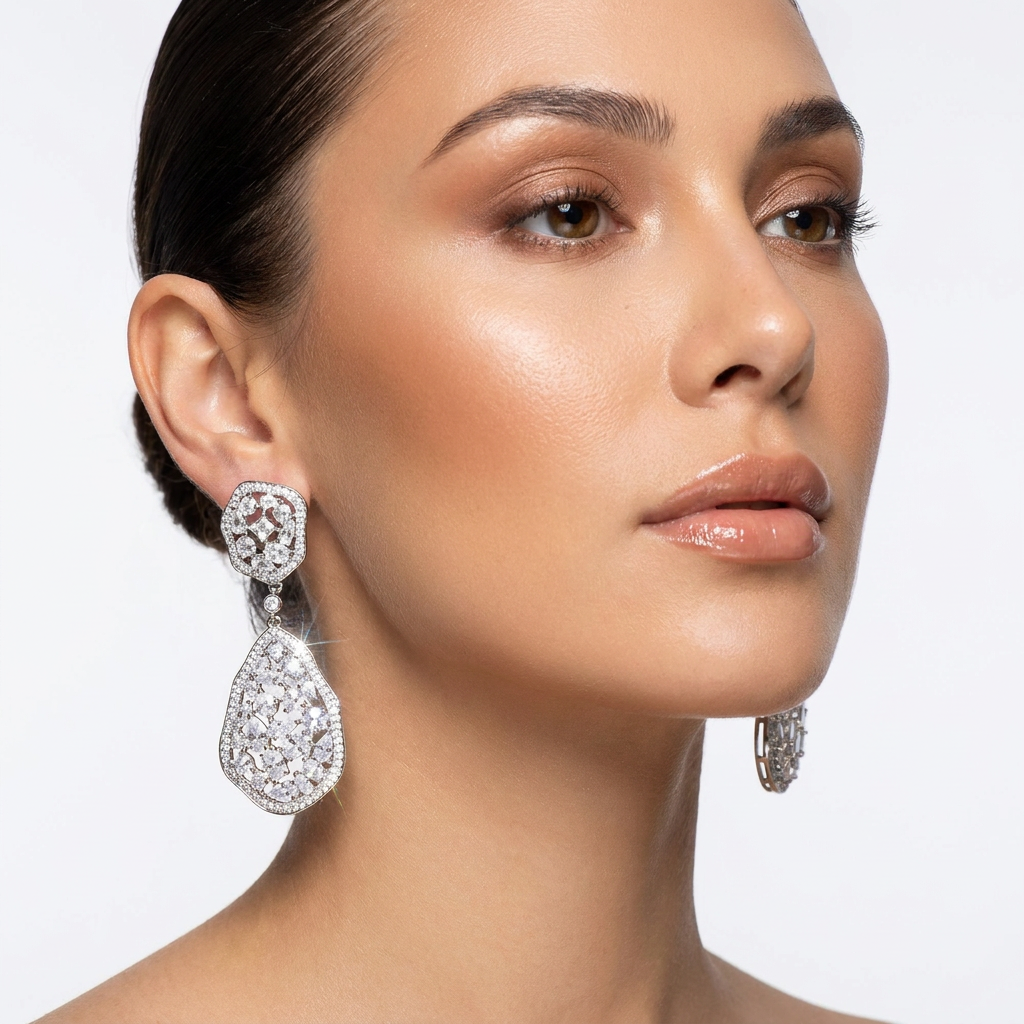 Close-up of sparkling drop earrings for women, showcasing intricate design and dazzling crystals.