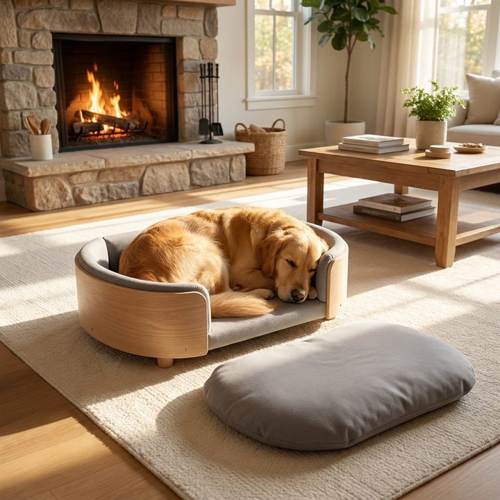 Elevated orthopedic wooden dog bed for joint support. Features a stylish frame & washable comfy cushion for pets.
