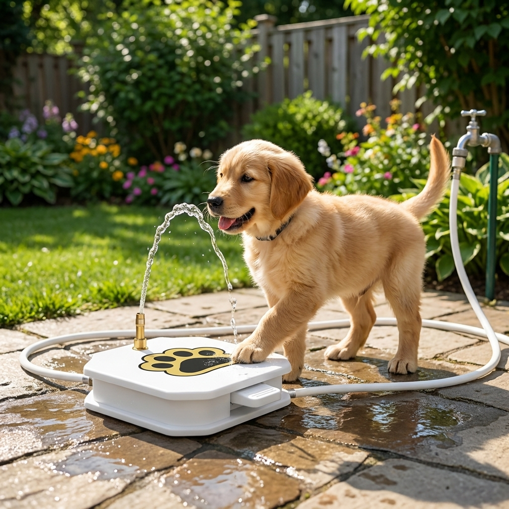 Outdoor dog water fountain with pedal, providing interactive fun & fresh hydration for pets in your garden.