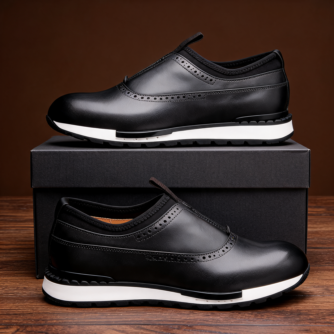 Classic black men's loafers, easy slip-on style for versatile casual or dress shoe outfits.