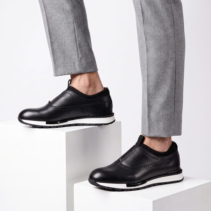 Men's black slip-on loafers, comfortable & stylish casual dress shoes with a round toe.