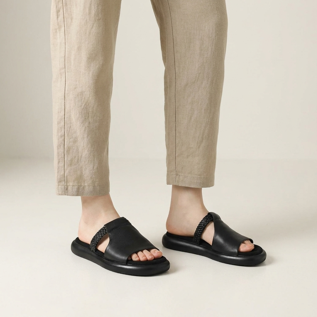 Comfortable women's open-toe Palermo flats, easy slip-on style for ladies' daily comfort.