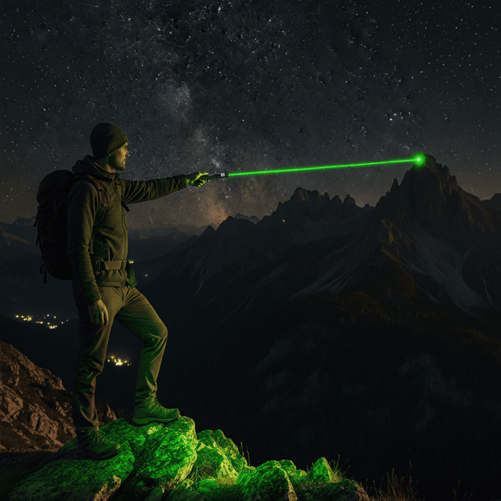 Rechargeable high-power laser pointer with USB charging, safety lock & durable metal housing.