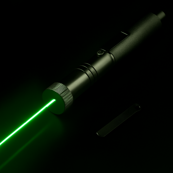 Portable red high-power laser pointer, adjustable focus for presentations & long-range outdoor use.
