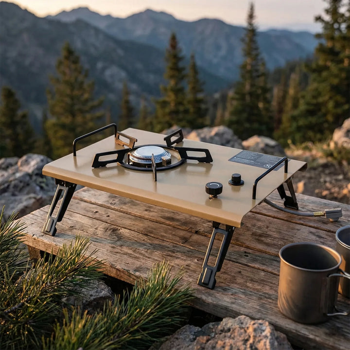 High-power portable outdoor gas stove for camping, hiking & travel. Compact, efficient cooking equipment.