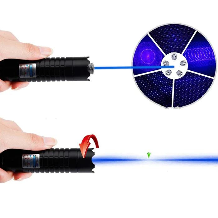 Powerful blue laser torch flashlight, a survival tool for camping, hiking & emergency fire starting. High-power beam.