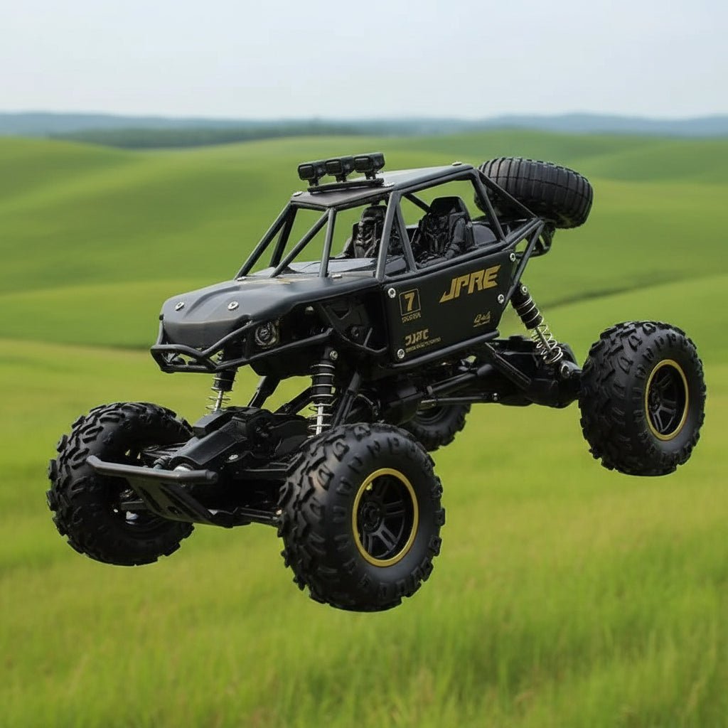 High-speed 4x4 RC monster truck toy in action, tackling an off-road dirt track with impressive speed.