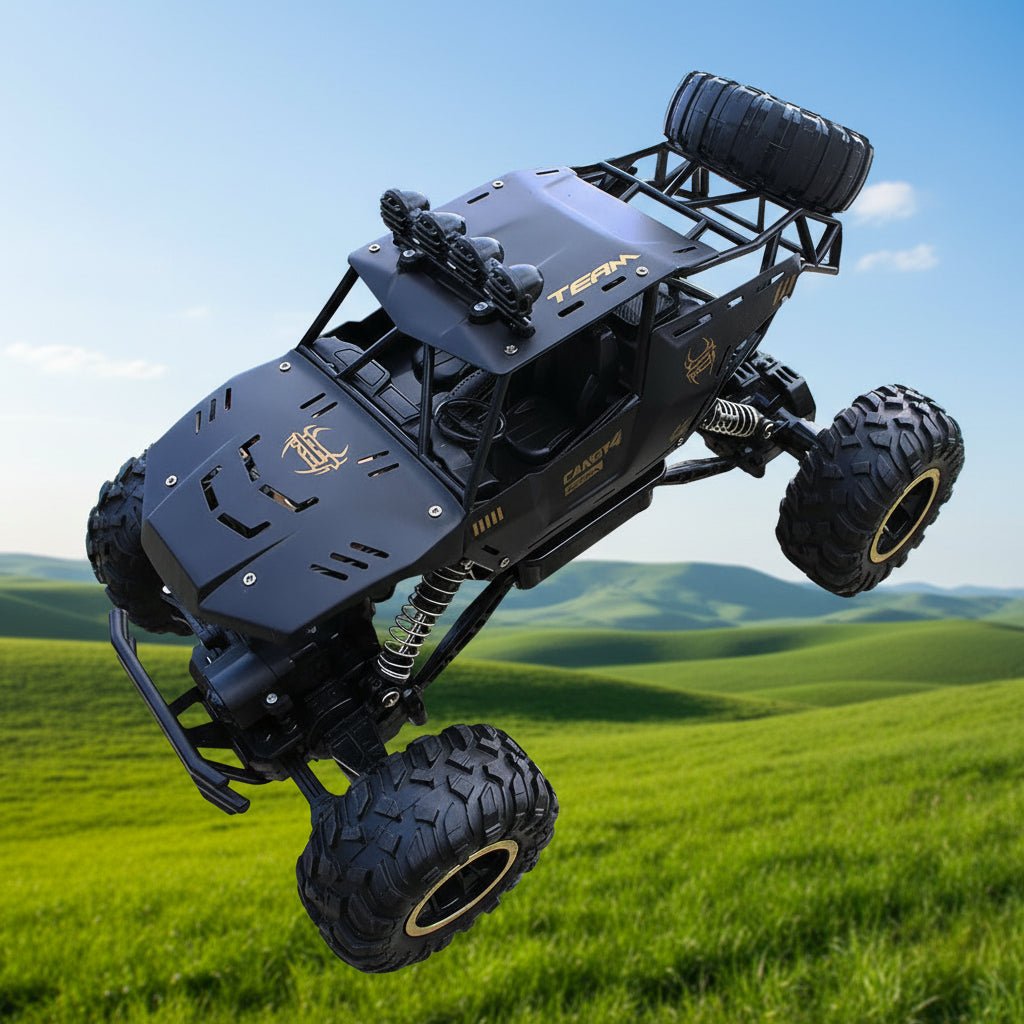 Rugged 4x4 RC monster truck, ready for high-speed off-road action; perfect hobby vehicle & powerful toy.