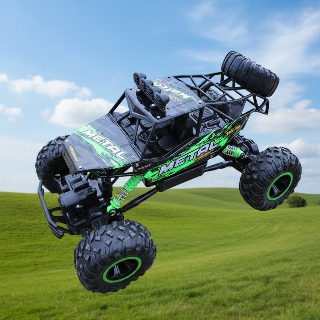 Close-up of the robust tires & suspension on a high-speed 4x4 RC monster truck for off-road grip.