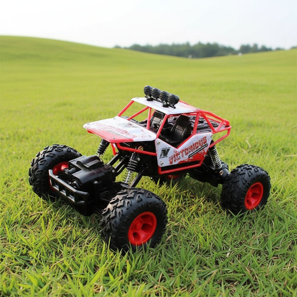 Dynamic shot of the electric 4x4 RC monster truck mid-jump, showcasing its high-speed off-road capabilities.