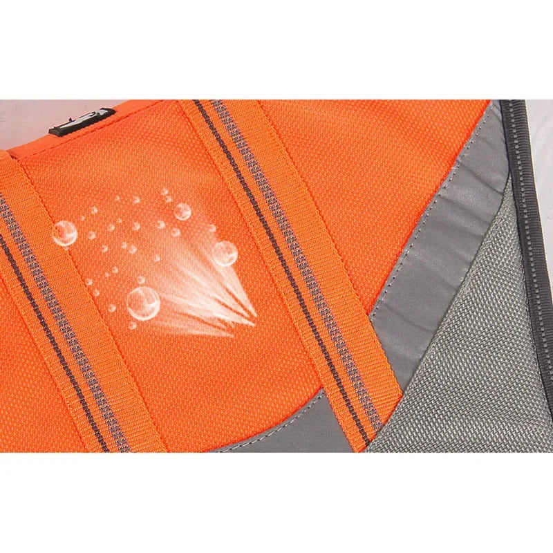 Pet float vest, high visibility dog life jacket with handle, ideal for water sports and pet safety.