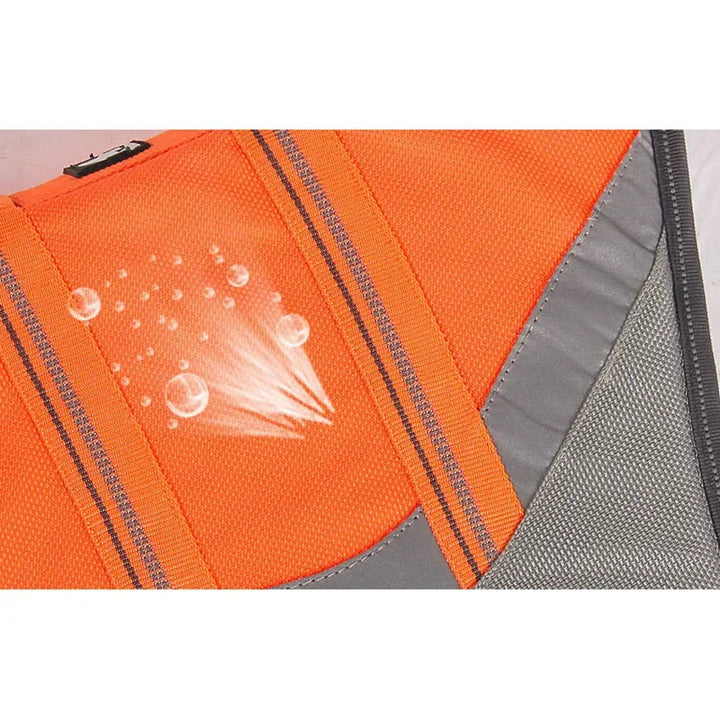 Pet float vest, high visibility dog life jacket with handle, ideal for water sports and pet safety.