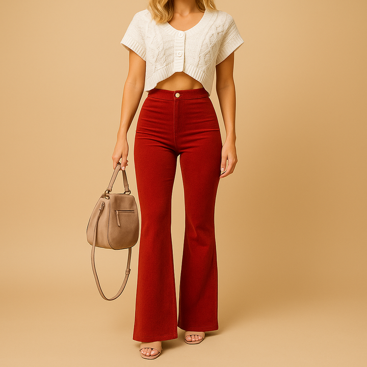 Chic women's high-waist flared pants, perfect for elegant and casual wear. Comfortable stretch fabric.