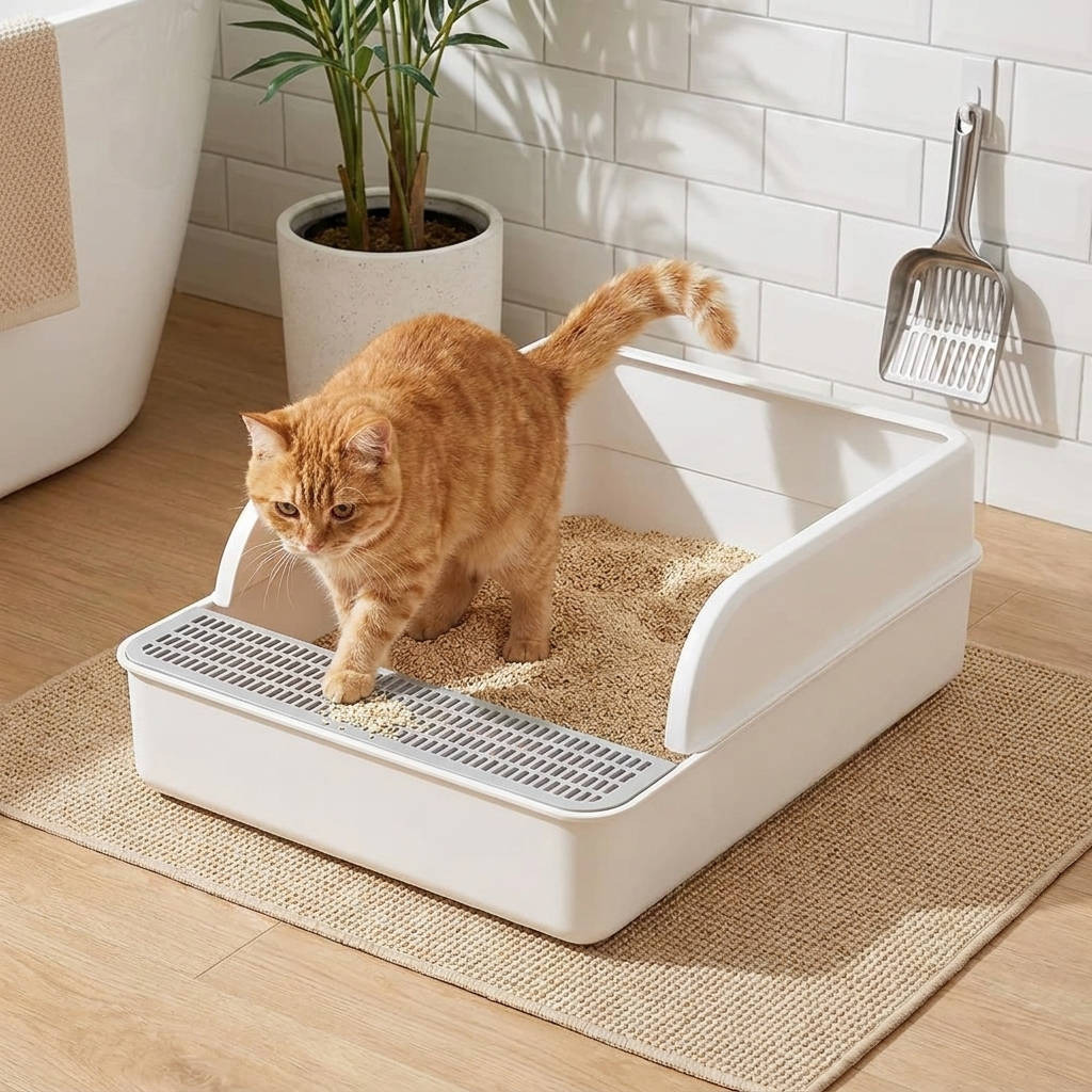 High wall cat litter tray for indoor cats, preventing mess. Easy clean pet hygiene solution & feline care supplies.