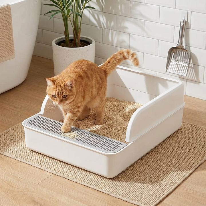 High wall cat litter tray for indoor cats, preventing mess. Easy clean pet hygiene solution & feline care supplies.