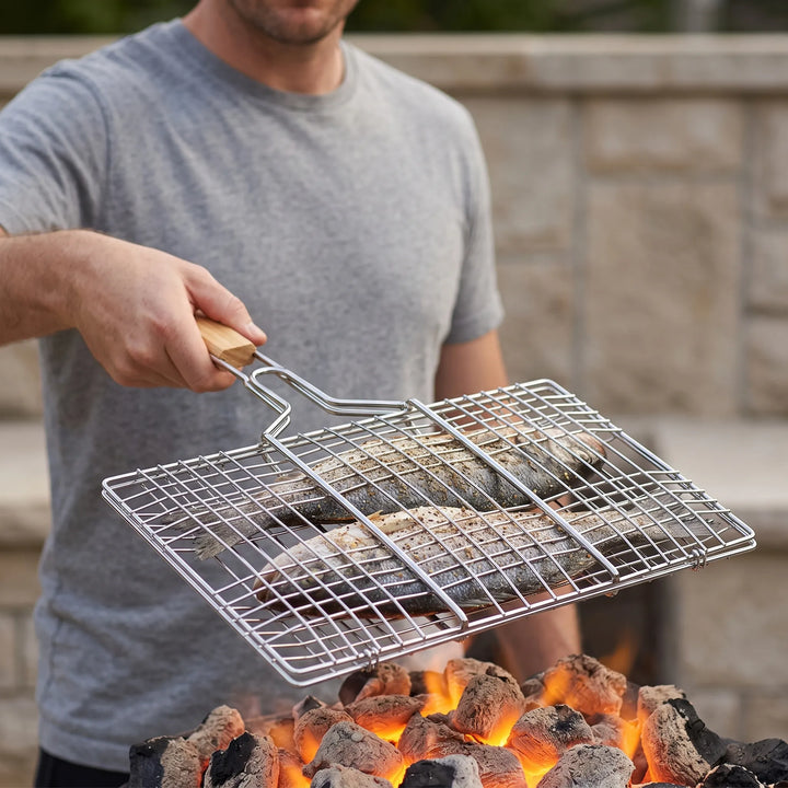 Hinged outdoor grill basket for easy flipping of fish, vegetables, and meat on BBQ or campfire.