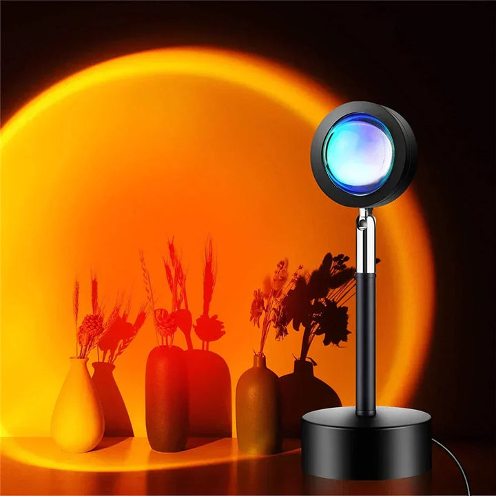 Home decor sunset projection lamp with multi-color LED light for aesthetic room ambiance & mood lighting.