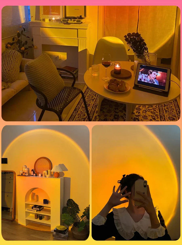 Versatile multi-color sunset projection lamp, enhancing home decor with aesthetic ambient light & mood.