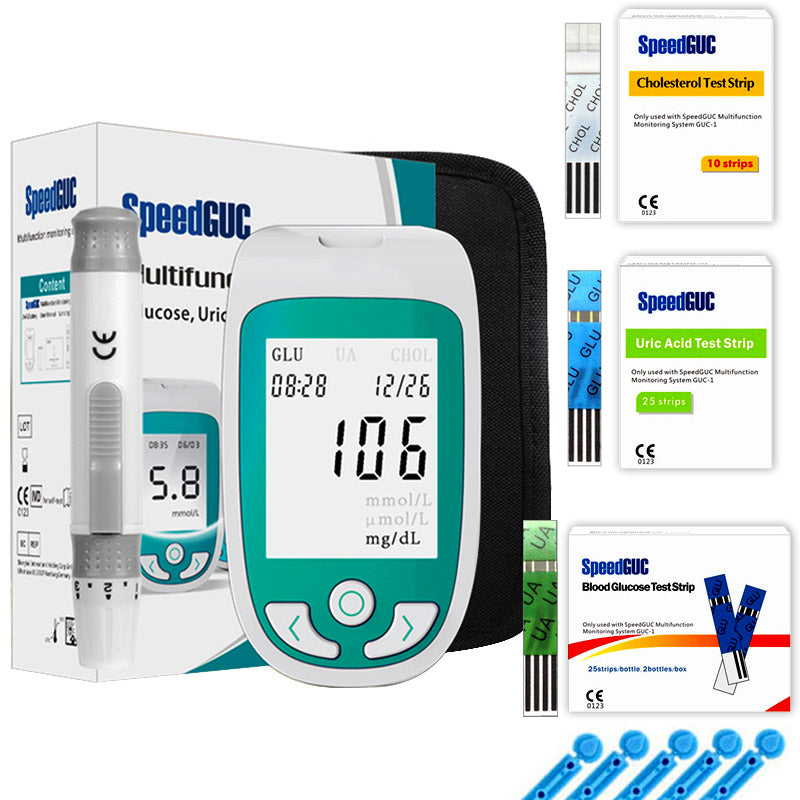 Home health monitor kit for accurate at-home testing of cholesterol, glucose, & uric acid levels. Personal health.