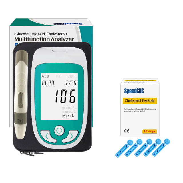 Portable home health monitor device for quick & accurate cholesterol, glucose, & uric acid level checks.