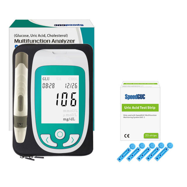 User performing at-home testing with a health monitor for cholesterol, glucose, and uric acid management.