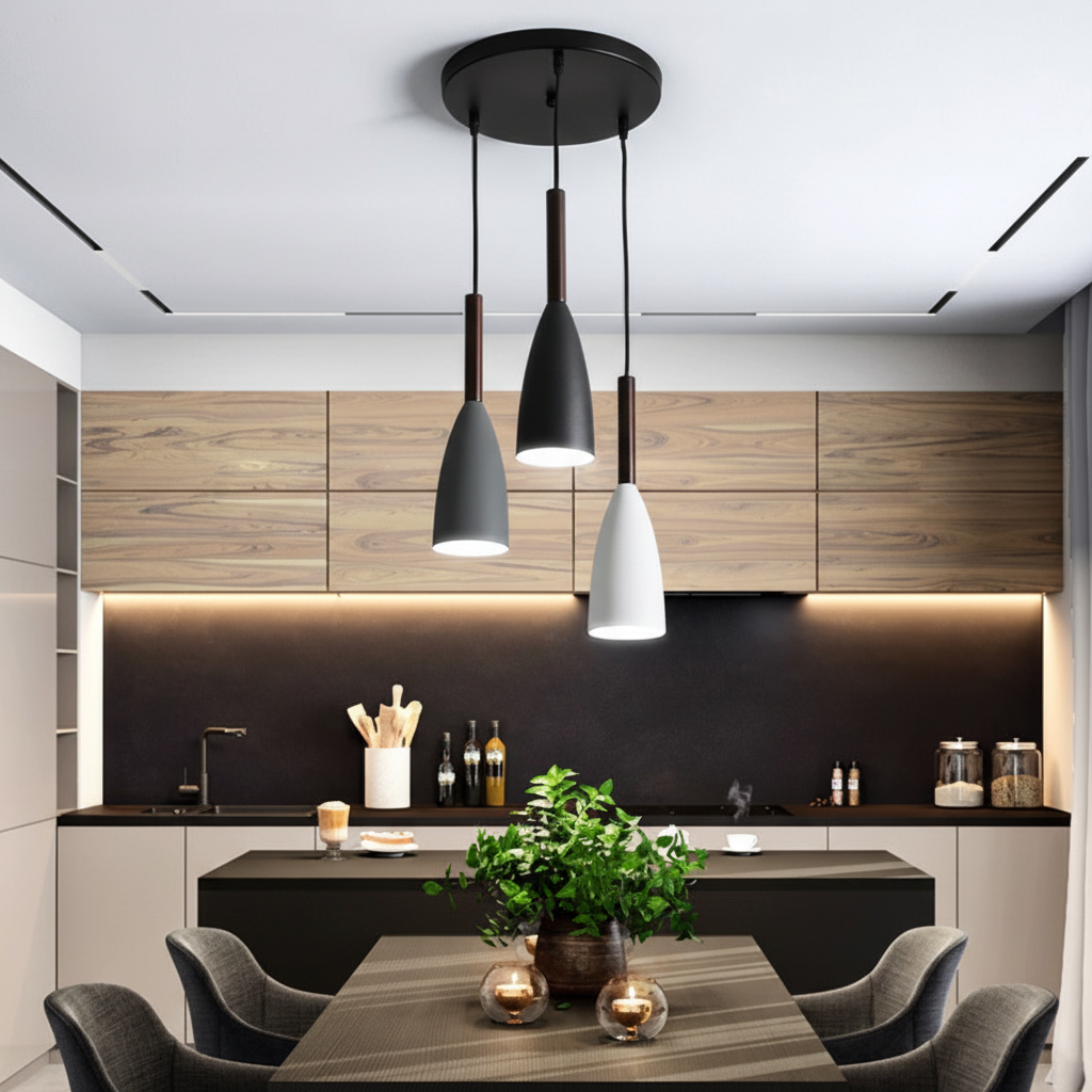 Home Scandinavian Triple Pendant Light. Modern Nordic design ceiling lamp for living spaces.