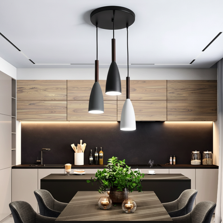 Home Scandinavian Triple Pendant Light. Modern Nordic design ceiling lamp for living spaces.