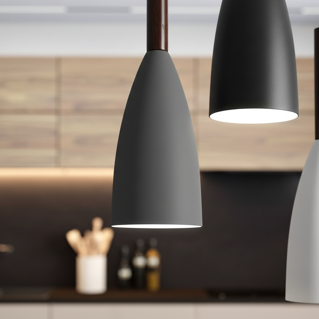 Elegant Nordic design triple pendant light, illuminating a dining room. Contemporary ceiling fixture.