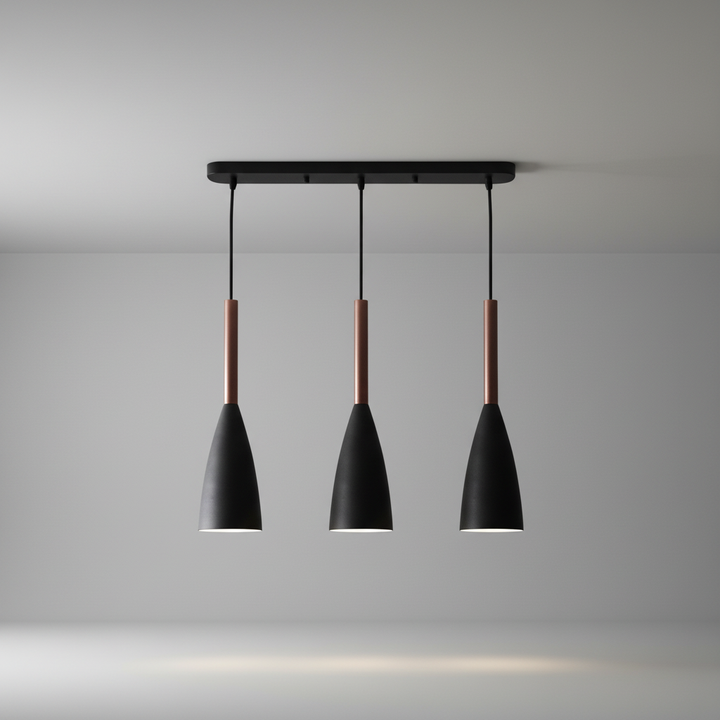 Clean-lined Scandinavian triple pendant light. A modern lighting fixture to enhance home decor.