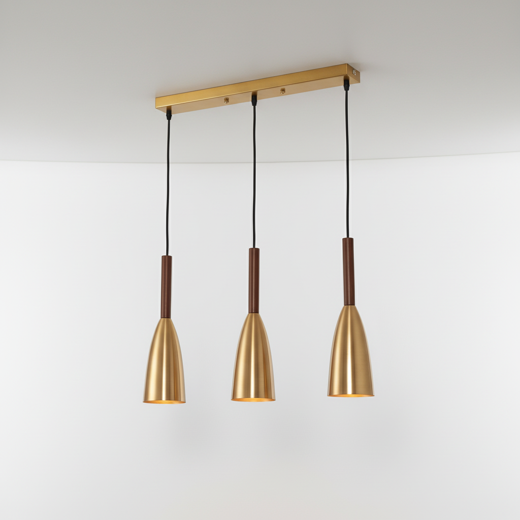 Stylish ScandiBeam triple pendant for kitchen island lighting. Modern Nordic ceiling lamp fixture.
