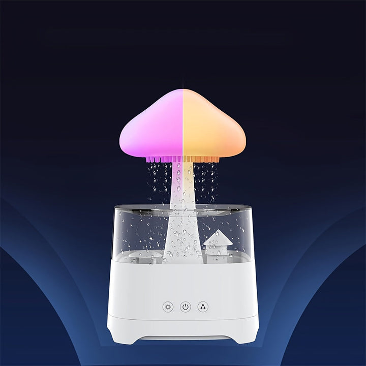 Peaceful cloud-shaped aromatherapy diffuser with gentle mist, mood lighting & soothing rain sound for relaxation.