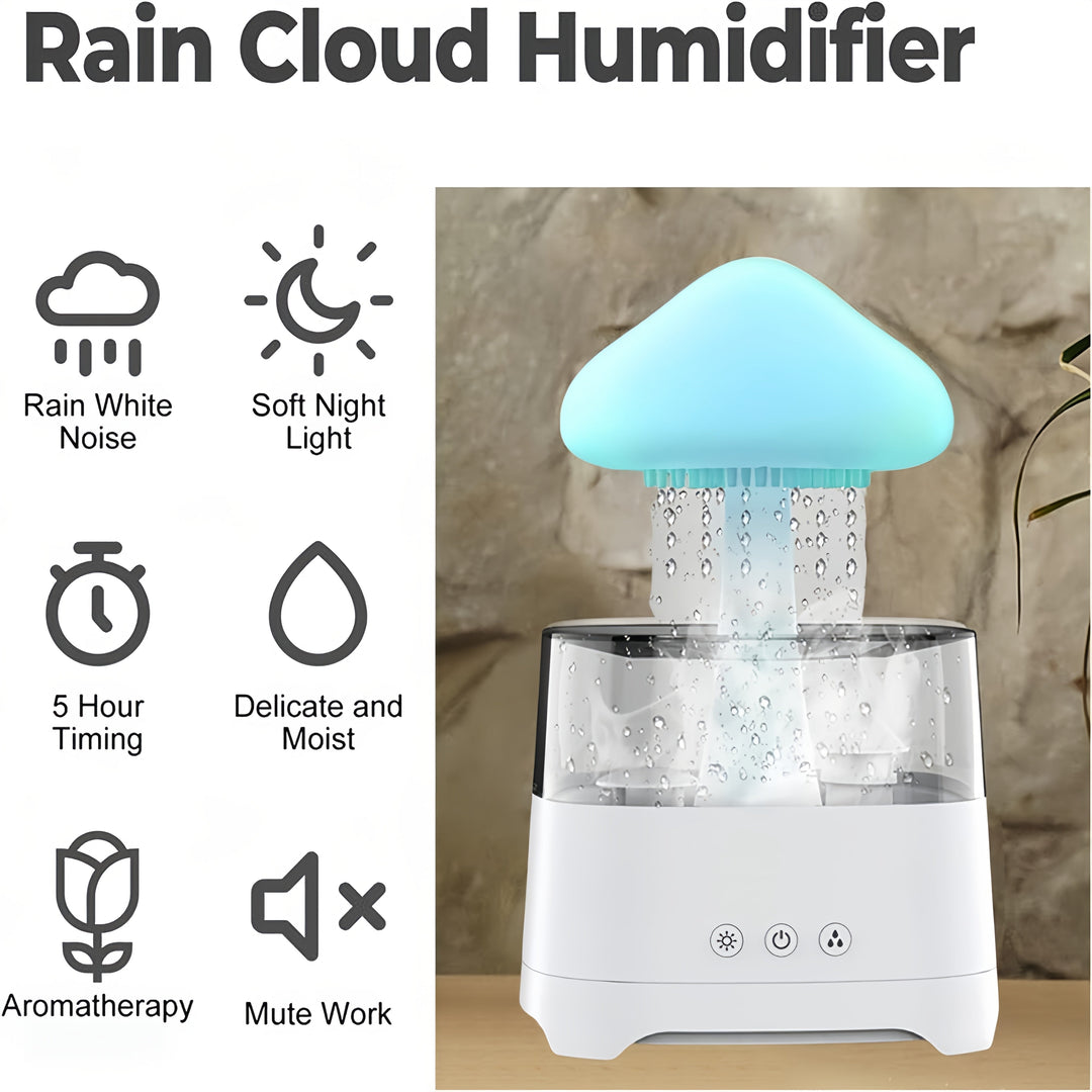 Relaxing aromatherapy diffuser, cloud design, color-changing LED mood light, essential oils & tranquil rain sound.