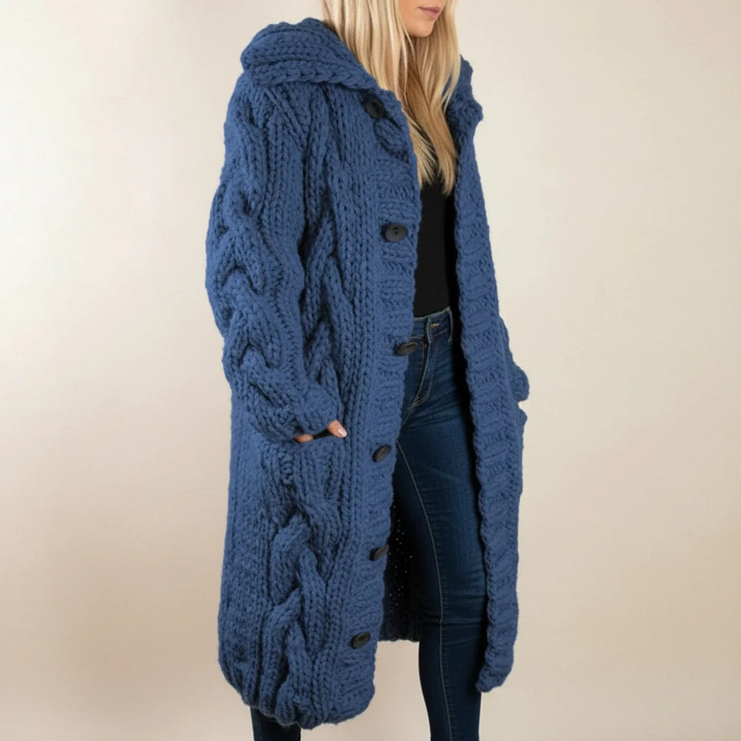 Women's cozy hooded long cardigan for winter. Oversized button-front style, perfect casual layering piece.