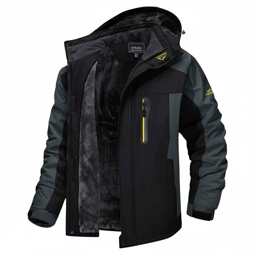 Stylish men's hooded winter jacket with multiple pockets. Perfect for cold weather casual outerwear.