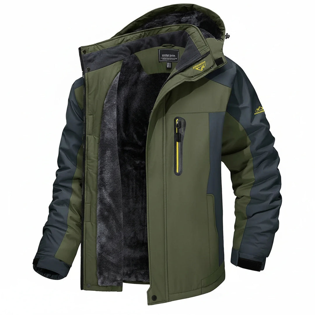 Men's hooded winter jacket, weather resistant for cold outdoor adventures. Stay warm & dry in style.